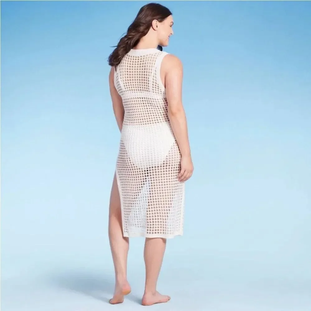 Shade & Shore Women's Crochet Cover Up Midi Dress Off-White XS (0-2)